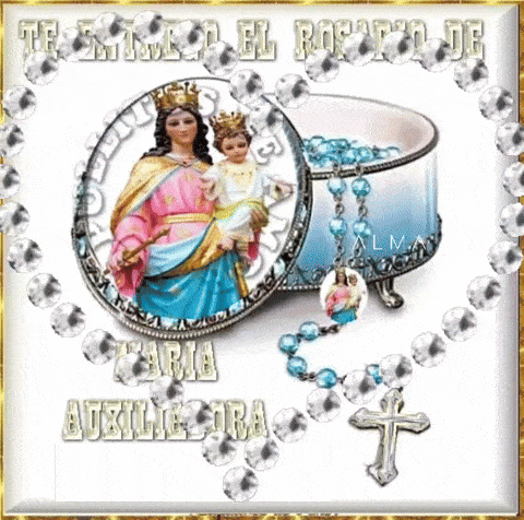 a picture of a rosary and a statue of a woman holding a child
