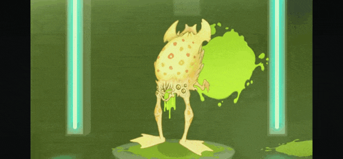 a cartoon frog is standing on a pedestal in front of a green wall