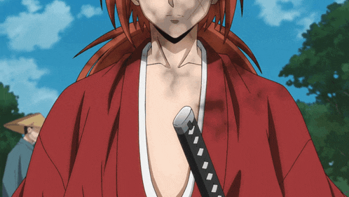 a man in a red kimono is holding a black sword