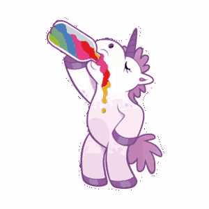 a unicorn is drinking from a bottle with a rainbow of colors coming out of it 's mouth .