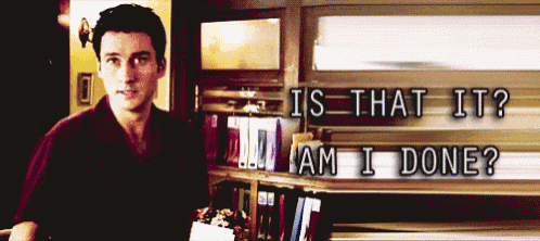a man standing in front of a bookshelf with the words is that it am i done written below him