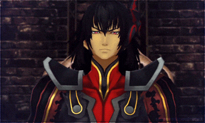 a man with long black hair and red eyes is wearing a red and black outfit