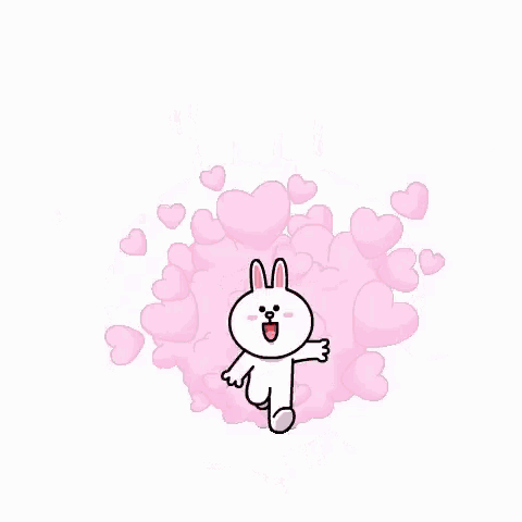 a rabbit is surrounded by hearts and kisses .