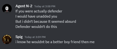 a screenshot of a discord conversation between agent n-2 and spic