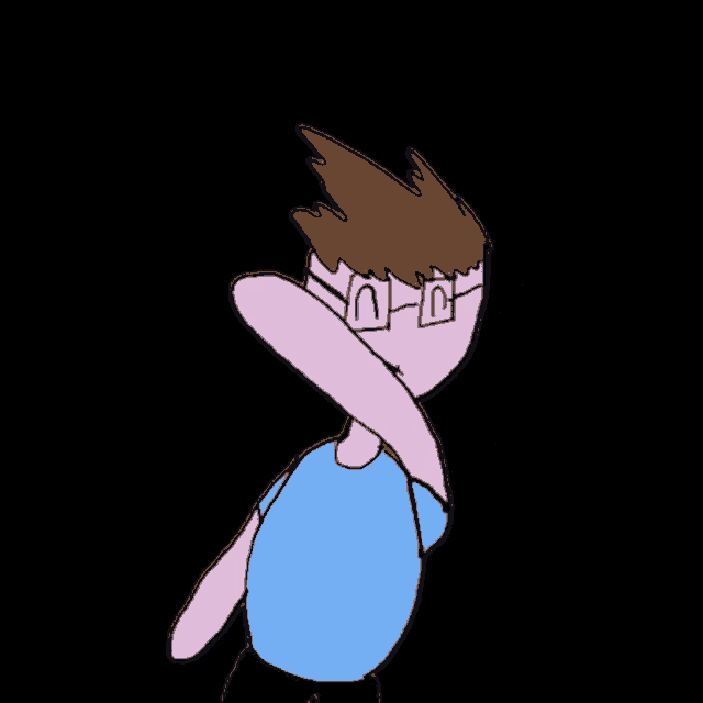 a cartoon of a boy wearing glasses and a blue shirt waving his hand
