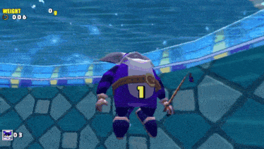 a video game screen shows a purple character with a fishing rod and a weight of 0g