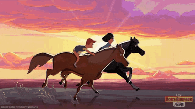 a poster for the bob 's burgers movie shows two horses running in the water