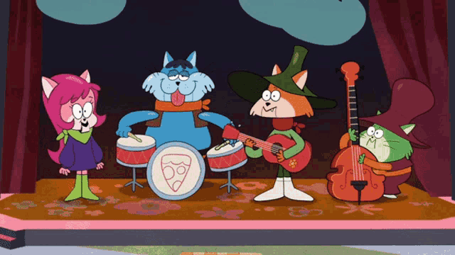 a group of cartoon characters are playing musical instruments on stage