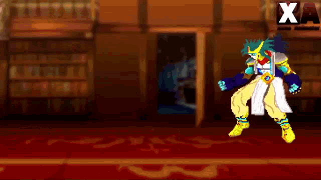 a cartoon character is standing in a room with a red carpet and a sign that says x.