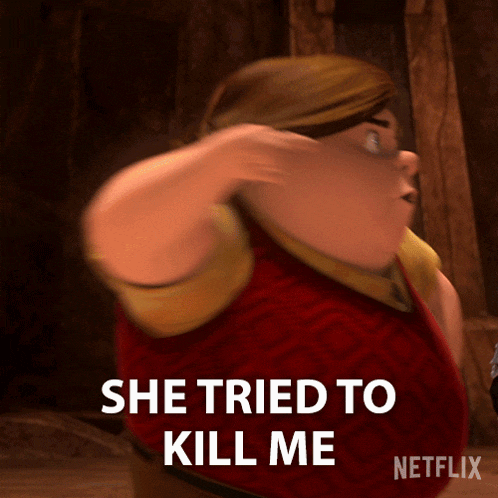a cartoon character with the words she tried to kill me