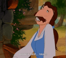 a cartoon character from beauty and the beast with a big nose and a mustache is talking about a disney trip .