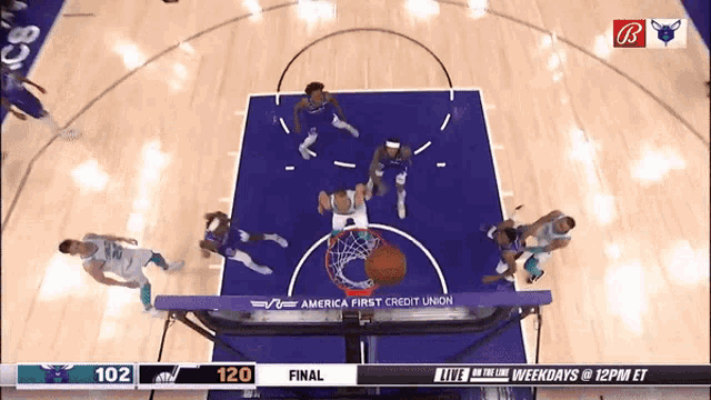 a basketball game is being played in front of a banner for america first credit union