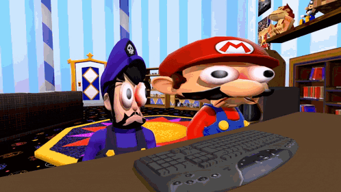 a cartoon of two mario characters looking at a computer keyboard