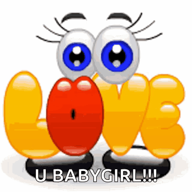 a cartoon character with big eyes and a red heart says love u babygirl