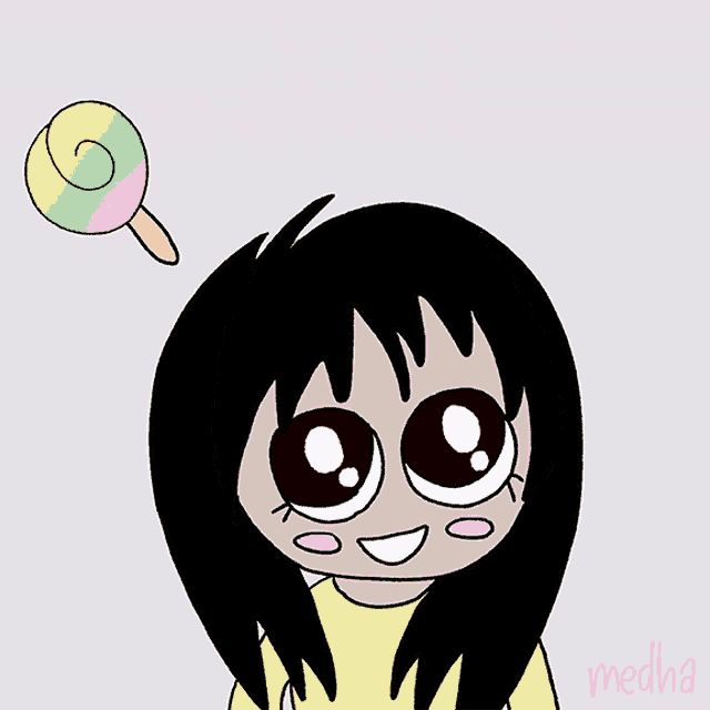 a cartoon girl has a slice of pizza on her head