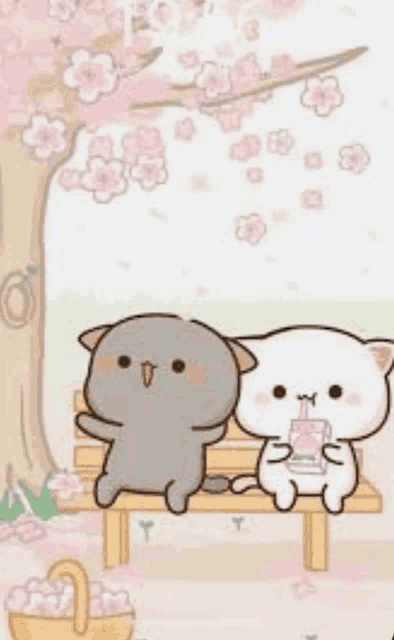 two cartoon cats are sitting on a bench under a tree with flowers .