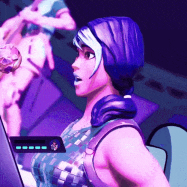a woman with purple hair and a ponytail is standing in front of a computer screen