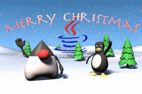 a merry christmas greeting card with penguins in the snow