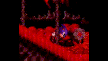 a pixel art of sonic the hedgehog riding a red slope in a video game .
