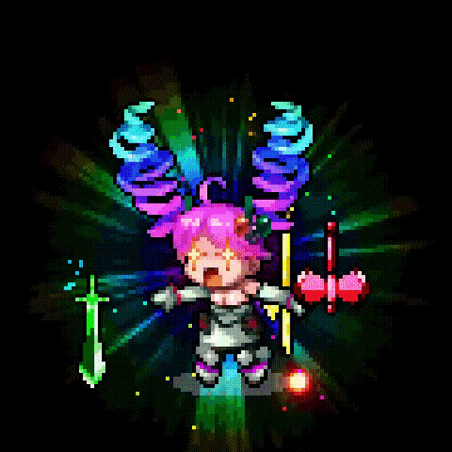 a pixel art drawing of a girl with a sword and a heart