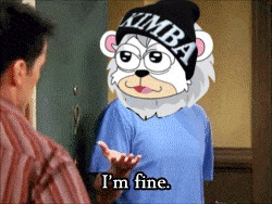 a cartoon of a bear wearing a kimba hat talking to a man