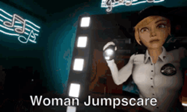 a woman is holding a light in a room with the words woman jumpscare on the bottom