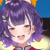 a close up of a anime girl with purple hair and a cat headband .
