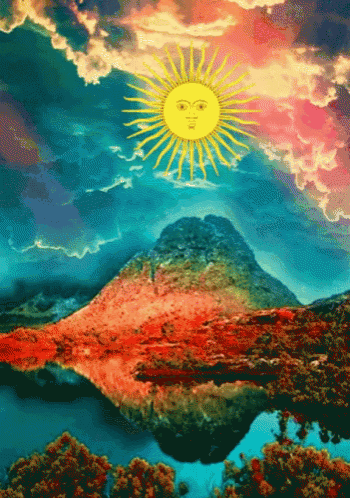 a colorful painting of a mountain and a sun with a face on it