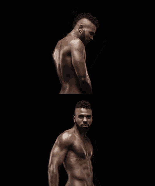 a naked man with a beard is standing in front of a black backdrop