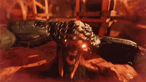 a monster with glowing eyes is in a video game scene .