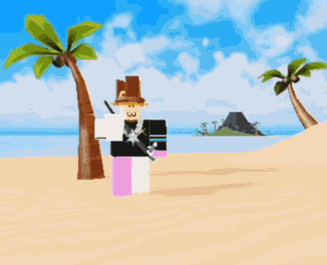 a person in a top hat is standing on a beach with palm trees