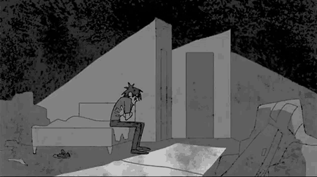a black and white drawing of a person sitting on a bed in a room .