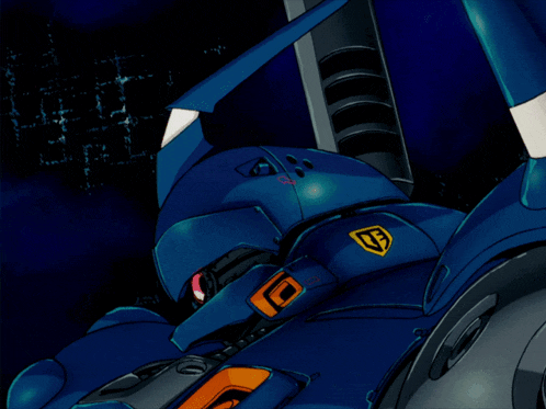 a close up of a blue robot with a yellow shield on it