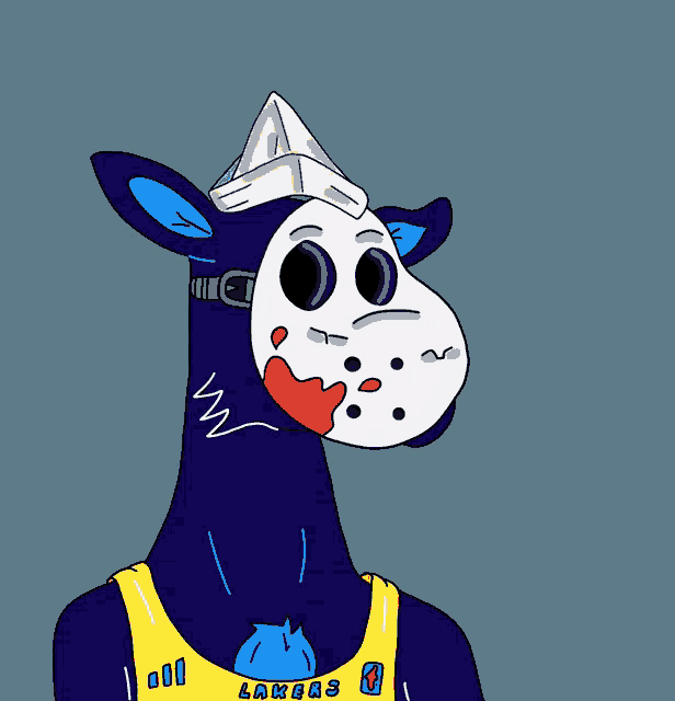 a giraffe wearing a mask and a lakers jersey