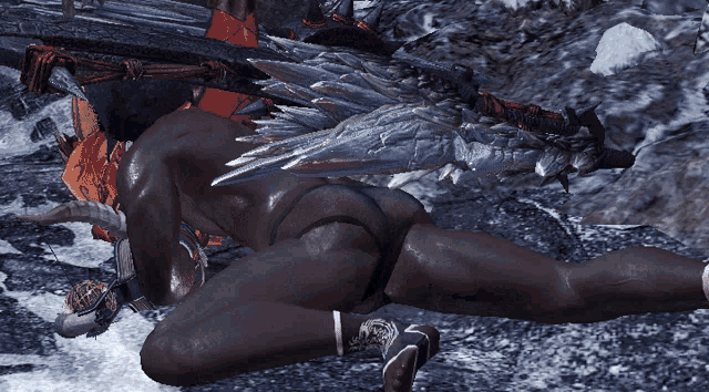 a video game character is laying on the ground with a sword in his hand