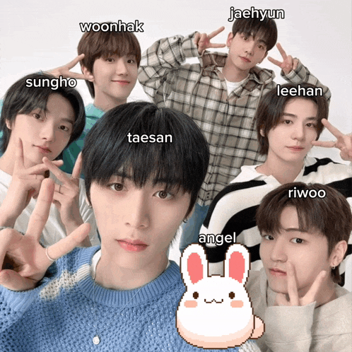 a group of young men are posing for a picture with the names woonhak sungho leehan taesan riwoo and angel