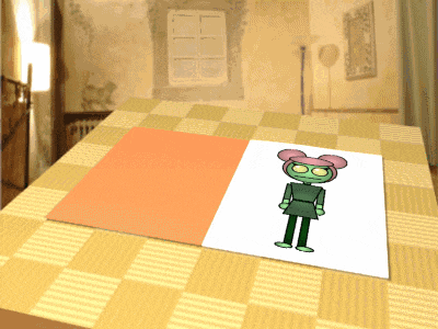 a drawing of a robot with pink hair and green arms is on a table