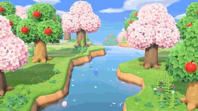 a video game scene with trees and a river