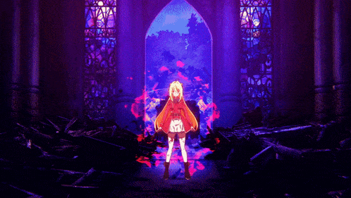 a girl in a red coat and white skirt is standing in a dark room