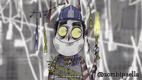 a cartoon drawing of a man holding a torch with the hashtag @zombiepaella at the bottom