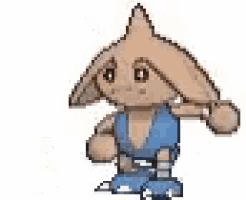 a cartoon character is wearing a blue shirt and blue shorts and is standing on a white background .