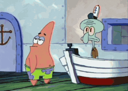 patrick star and squidward from spongebob squarepants are standing next to a boat .
