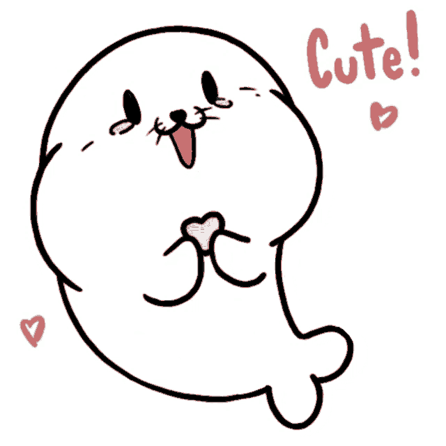 a drawing of a seal with hearts around it and the word cute in red