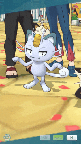 a screenshot of a video game shows a white cat standing in front of a group of people