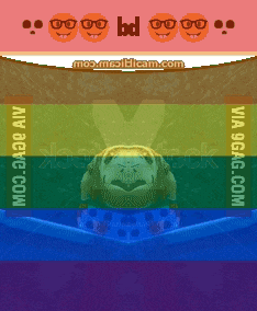 a pixel art of a frog with glasses and a rainbow background