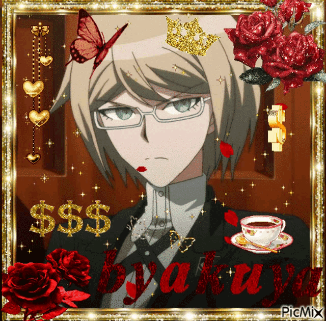a picture of a man with a crown on his head and the words $ $ $ byakuya on the bottom