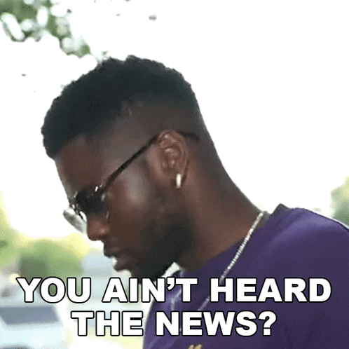 a man wearing glasses and a purple shirt is saying `` you ain t heard the news ? ''
