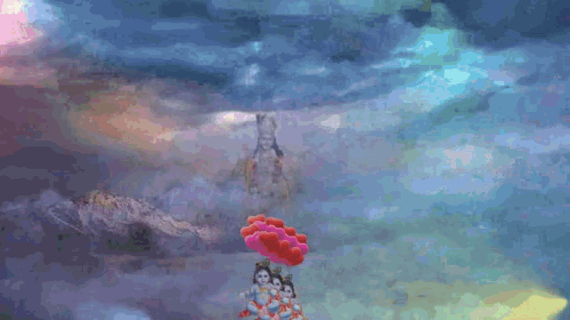 a painting of a group of people flying in the air
