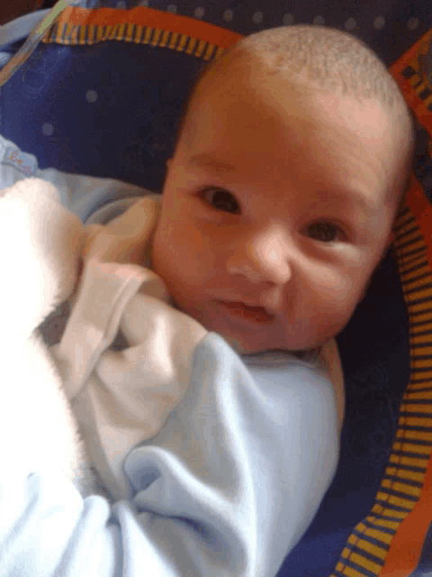 a baby is laying on a blue blanket with polka dots