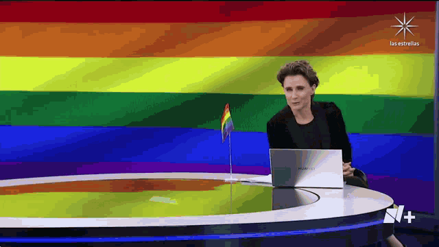 a woman sitting in front of a rainbow flag with a laptop